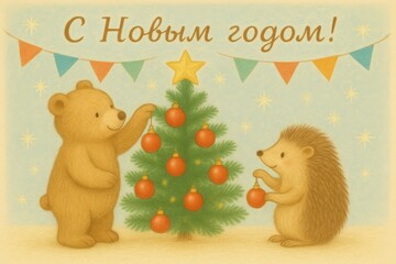bear and hedgehog decorate Christmas tree, creating cozy holiday scene. Cartoon animals, bear and hedgehog places red ornament on Christmas tree, warm atmosphere captures essence of Christmas joy.