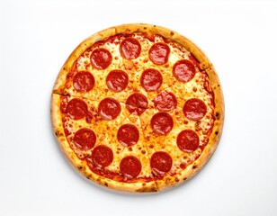 Round pepperoni pizza, sliced, on white background