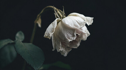 A wilted white rose, drooping, fading into pitch black background, minimal and melancholic wallpaper