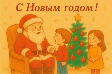 Cartoon retro postcard, Santa with children at Christmas tree. Happy New Year inscription in Russian. Santa Claus with kid, spreading Christmas cheer as they stand near decorated Christmas tree
