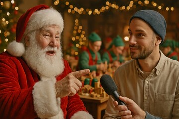Santa Claus tells story to young bloggers, interview him. in background, Santa's assistants prepare gifts for children for Christmas. the concept of preparing for Christmas and Santa instructions