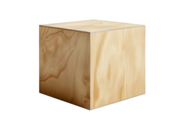 A minimalist shot of a simple natural wood block cube against a stark black backdrop. Grain and texture are visible, emphasizing the contemporary design.