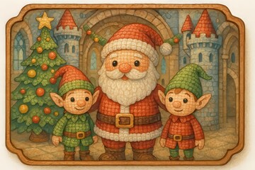 mosaic Santa Claus with two cheerful little elves, all wearing Christmas costumes, on background of Christmas tree and ancient castle. Santa Claus with his assistants, New Year's animation composition