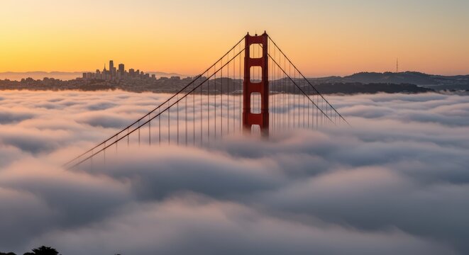 Golden gate bridge above morning fog - Powered by Adobe