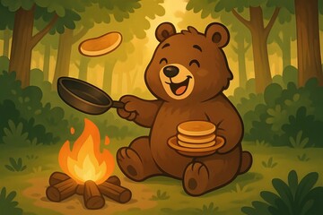 Happy Bear Cooking Pancakes by Campfire