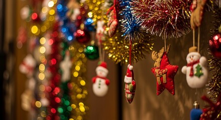 Festive close-up of hanging Christmas ornaments and tinsel with a beautiful sparkling bokeh background.
