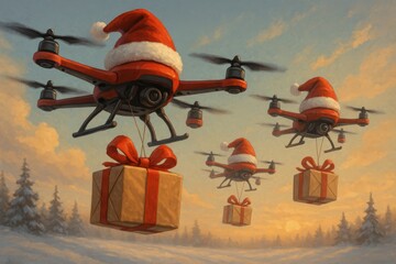 Christmas fpv drones deliver gifts from Santa Claus. Santa hats are on drones, they fly with gift boxes. New Year animation in retro style. Cartoon holiday surprise delivery for kids.