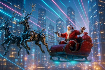Santa Claus rides through cityscape with robotic reindeer and high-tech sleigh, bringing futuristic twist to his traditional Christmas journey. zipping through glowing city at night among skyscrapers