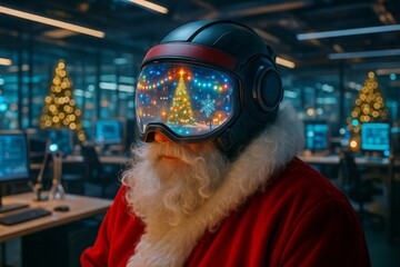 Santa Claus wearing LED cyber suit and VR headset glows in futuristic holiday setting. Futuristic Santa in neon light costume explores virtual reality world. Christmas technology in high-tech concept