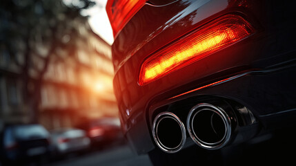 Sleek luxury car tail light glows red twin exhaust pipes gleam evoking speed and modern design