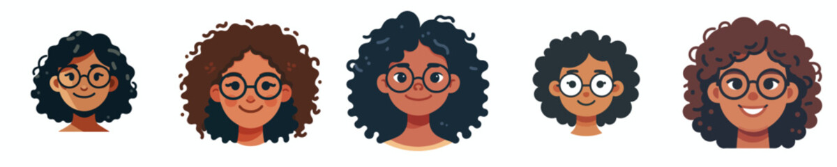 Vector Avatar of a woman's face with big round glasses, curly hair, brown skin
