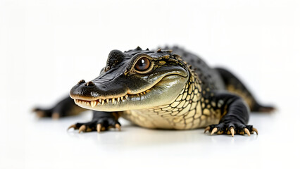 Fototapeta premium A young, captivating alligator, its dark, textured skin gleaming under the light, poses with a captivating gaze. Its form displays the inherent beauty and strength of the animal. 