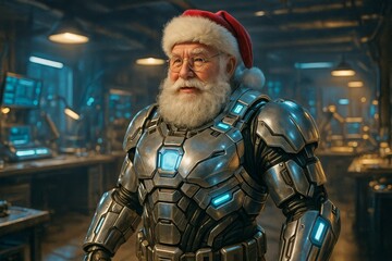 Futuristic Santa Claus in armored exosuit stands confidently in high-tech workshop. mix of Christmas spirit and cyberpunk technology, sci-fi holiday scene. Santa in metallic futuristic armor
