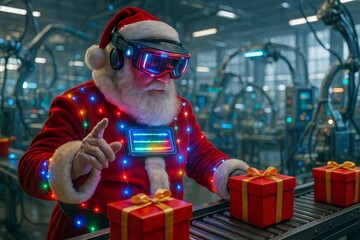 Santa Claus wearing neon VR glasses holds present glowing with futuristic lights. Santa Claus dressed uses cyber headset. Santa merges Christmas joy with futuristic virtual reality technology