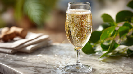 Glass of champagne on a marble table with lush greenery.