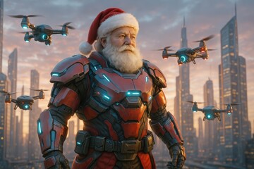 Santa Claus in glowing cyber suit with drones flying around. futuristic interpretation of holiday traditions blending technology, Christmas spirit. concept of technological High-tech Merry Christmas.