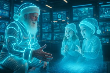 Holographic Santa Claus talks to children in futuristic digital room. festive joy with advanced hologram technology. Santa hologram in neon environment. sci-fi concept digital Christmas spirit.