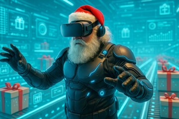 Futuristic Santa Claus in cyber suit with VR headset explores advanced control room. blend of festive imagery and technology creates surreal holiday vibes. VR Santa in futuristic world.