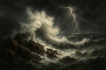 Thunderstorm Over Turbulent Sea with Lightning Strike