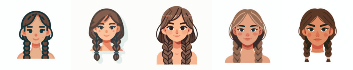 Vector Avatar of a woman's face with long hair in two braids, white skin, sweet expression