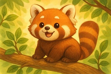 Cute Red Panda Cartoon on Forest Branch
