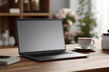 Fototapeta premium Modern Workspace with Laptop and Coffee Cup on Wooden Table