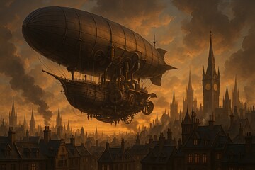 Steampunk Airship Over Gothic City at Sunset