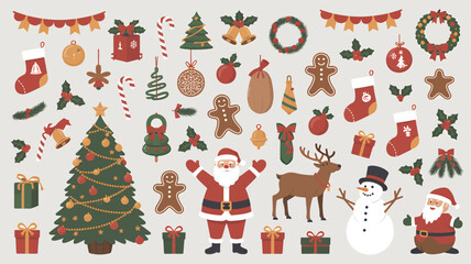 A festive collection of christmas holiday elements including a decorated tree santa claus reindeer snowman gingerbread men stockings gifts ornaments and garlands all in a charming silhouette style