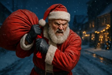 Angry Santa Claus holding big red sack shows tough side of Christmas. Santa looks powerful and emotional, breaking the usual cheerful image of holidays. Santa waves his fist threateningly.