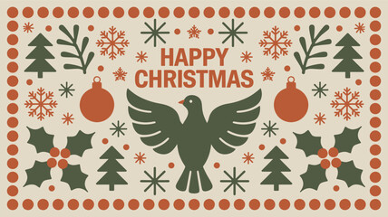 Obraz premium Festive folk art inspired christmas card design featuring a central dove silhouette surrounded by trees snowflakes holly and ornaments silhouette