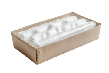 Angled closeup of a cardboard box on a black background with fitted foam inserts wrapped in plastic for secure shipping or storage.
