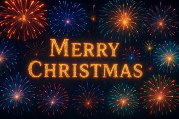 Merry Christmas golden letters glowing among colorful fireworks in night sky. Festive holiday greeting template. Merry Christmas bright golden text, fireworks on black backdrop. Holiday greeting