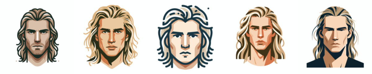Vector Avatar of a man's face with long flowing blonde hair, light skin, serious expression