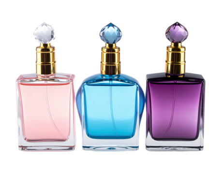 Three clear glass perfume bottles with colored liquid and gold caps, featuring crystal accents