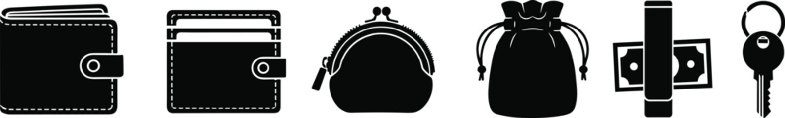 Black silhouette collection of wallets, cardholder, coin purse, money pouch, rolled bill, and key icons for finance, savings, security, banking