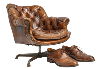 Timeless elegance captured a worn leather armchair paired with polished brogue shoes against a stark black background. Refined comfort style.