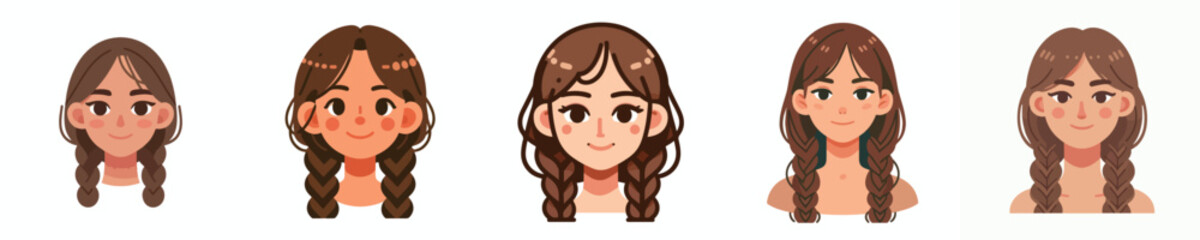 Vector Avatar of a woman's face with long hair in two braids, white skin, sweet expression