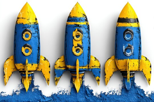 Unique trio of vintage rockets showcasing vibrant yellow and blue colors, conveying a sense of adventure and exploration, designed with distressed textures and rich visual detail