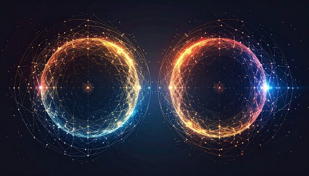 Two glowing orbs, connected, fiery & icy hues - Powered by Adobe