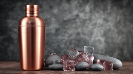 Professional copper cocktail shaker with ice cubes and smooth stones bar and hospitality settings