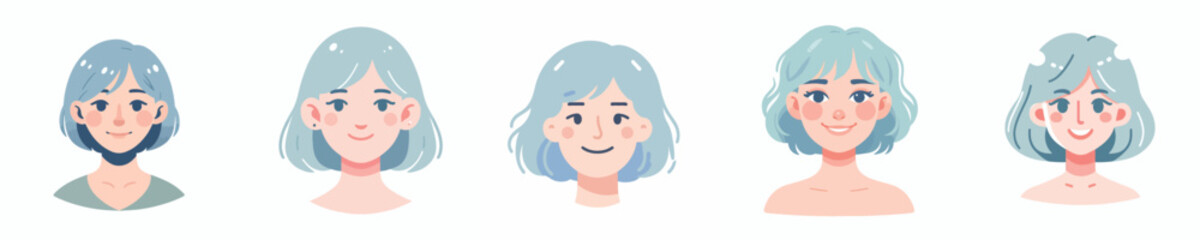 Vector Avatar of a woman's face with short hair colored pastel blue, light skin, cheerful expression