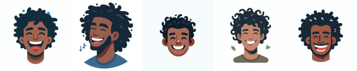Vector Avatar of a man's face with curly hair, dark skin, laughing expression
