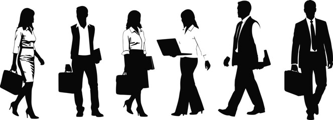 Business silhouettes, professionals, briefcase, laptop, office workers, corporate attire, teamwork, workplace, mobility, leadership, productivity, collaboration, strategy, business travel