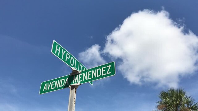 Green street signs for Avenida Menendez and Hypolita Street stand against a vibrant blue sky dotted with fluffy white clouds in historic St. Augustine, Florida