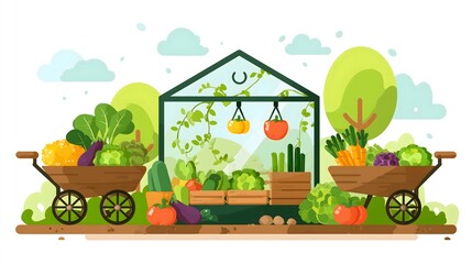 Obraz premium Farmers harvesting fresh vegetables in wheelbarrows and greenhouse