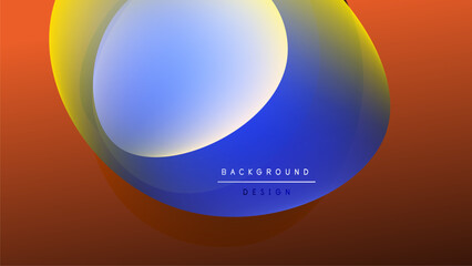 Abstract design features overlapping colorful circles. Gradient blends orange, yellow, blue hues against black backdrop. Modern aesthetic.