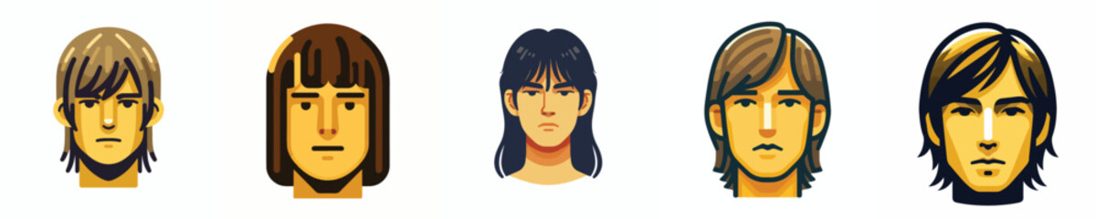 Vector avatar of a man's face with straight hair and straight bangs, yellow skin, and a serious expression.