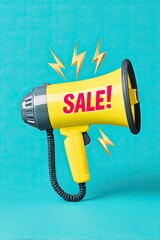 Bright yellow megaphone with sale text and lightning symbols on blue background for promotion design