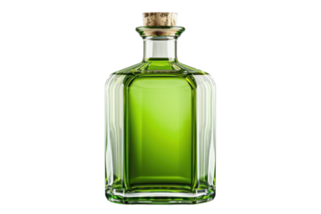 A sleek, transparent glass bottle with vibrant green liquid is sealed with a cork, set against a stark black backdrop. It suggests mystery and sophistication.