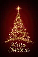 Golden sparkling Christmas tree with glowing star and Merry Christmas greeting on red festive background